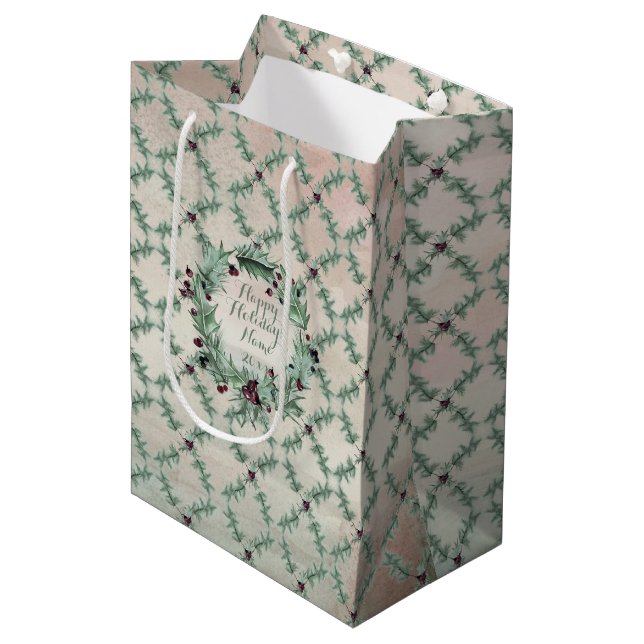 Burgundy Berry Holly Pine Medium Gift Bag (Front Angled)