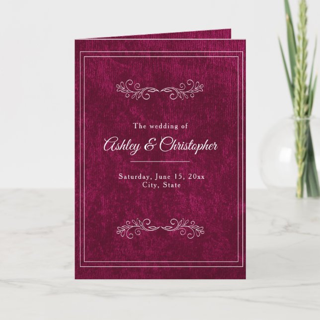 Burgundy Berry Velvet White Folded Wedding Program Programme (Front)