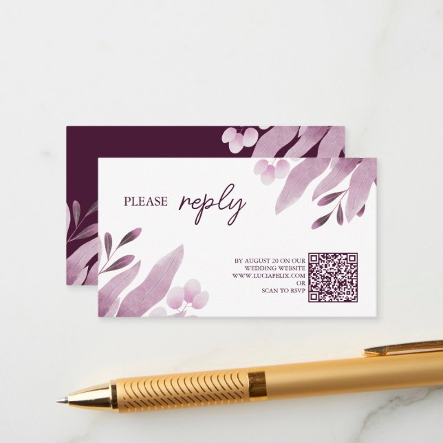 Burgundy Big Leaves Wedding RSVP Enclosure Card (Front/Back In Situ)