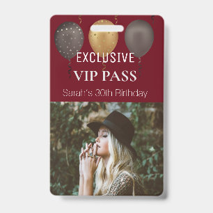 Burgundy Birthday Party Photo Custom Pass VIP ID Badge