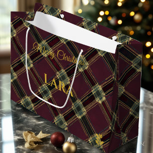 Burgundy, Black, and Gold Crisscross Plaid Custom Large Gift Bag