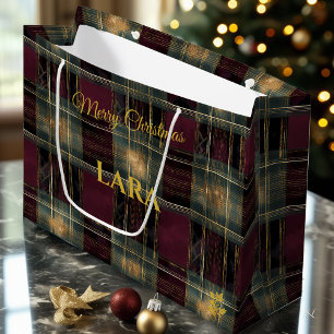 Burgundy, Black, and Gold Glowing Plaid Christmas Large Gift Bag