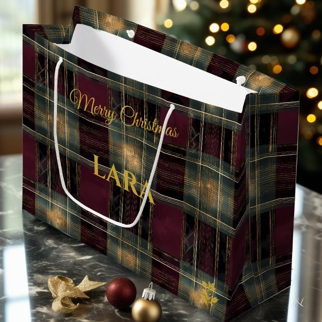 Burgundy, Black, and Gold Glowing Plaid Christmas  Large Gift Bag (Creator Uploaded)