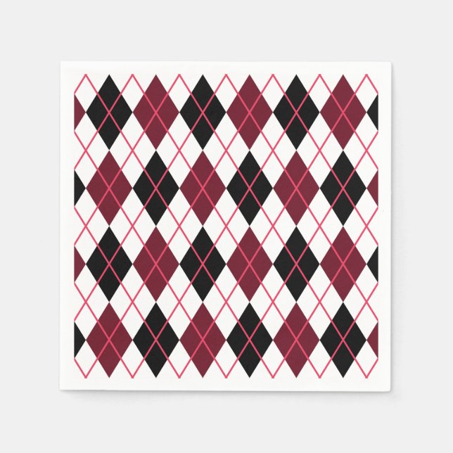Burgundy, Black and White Argyle Pattern Napkin (Front)