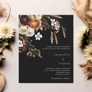 Burgundy black beige florals wedding invitation