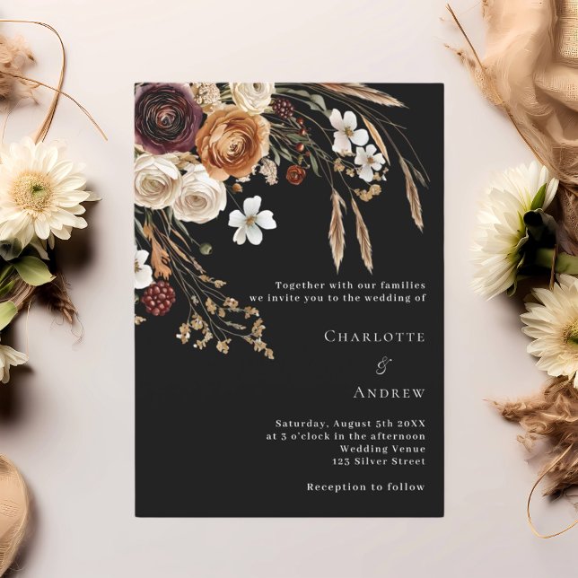 Burgundy black beige pampas florals wedding invitation (Creator Uploaded)