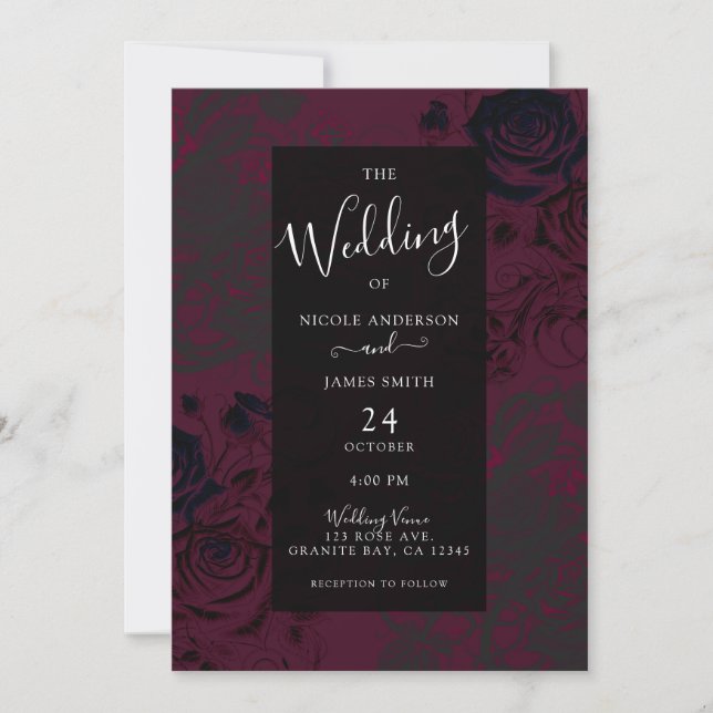 Burgundy & Black Dark Garden Gothic Glam Wedding Invitation (Front)