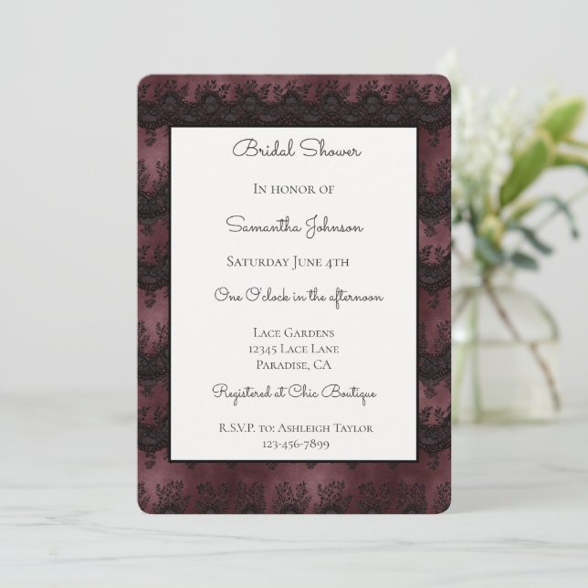 Burgundy Black Faux Lace Bridal Shower   Invitation (Standing Front)