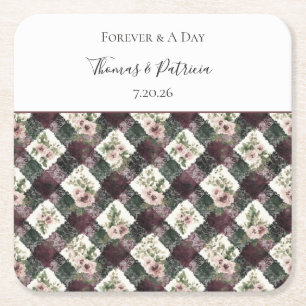 Burgundy Black Faux Lace Floral Wedding Square Paper Coaster