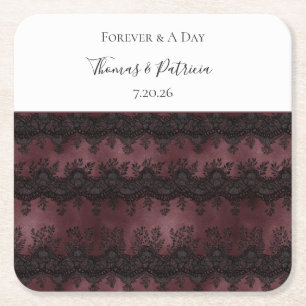Burgundy Black Faux Lace Wedding Square Paper Coaster