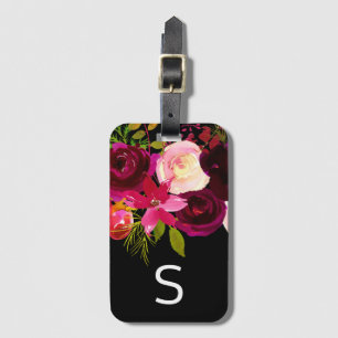 Burgundy Black Floral Monogram Luggage Tag