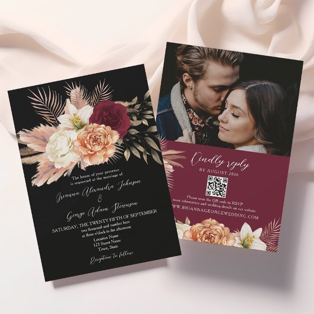 Burgundy Black Floral QR Code Wedding Invitation (Creator Uploaded)