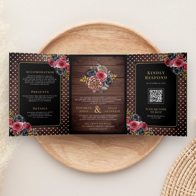 Burgundy Black Floral Roses Rustic Wood Wedding Tri-Fold Invitation (Creator Uploaded)