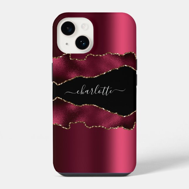Burgundy black gold agate marble name script iPhone case (Back)
