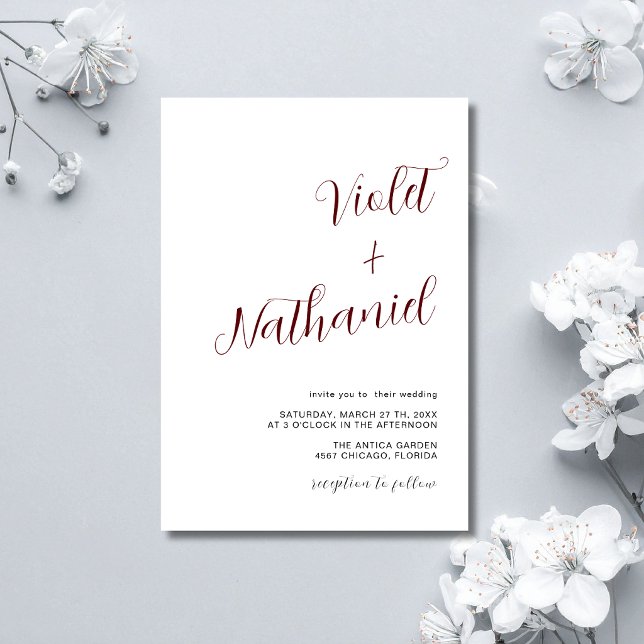 Burgundy Black Minimal Modern Calligraphy Wedding Invitation (Creator Uploaded)