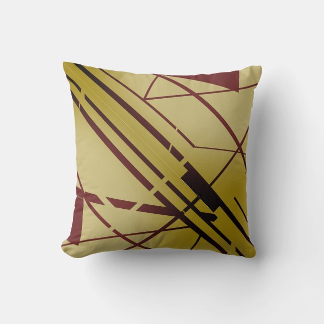 Burgundy Black Shapes Lines on Gold Flowing Design Cushion (Front)