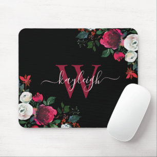 Burgundy Black Watercolor Floral Name Monogrammed Mouse Pad