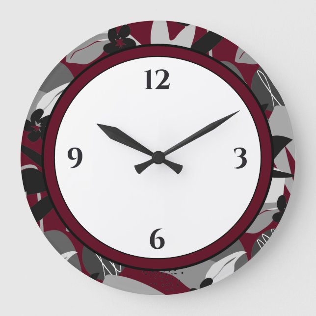 Burgundy Black & White Modern Floral Border Large Clock (Front)