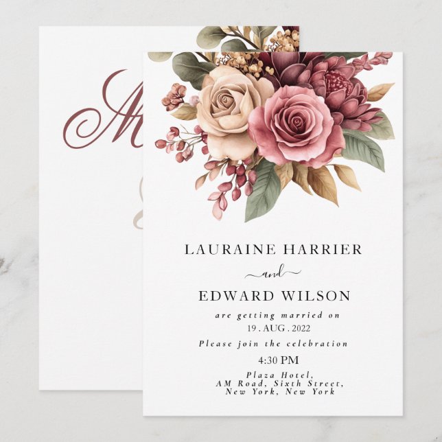 Burgundy Bliss: Elegant Floral Vine Pattern in Win Invitation (Front/Back)