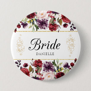 Burgundy Bliss Lovely Floral Bride Monogrammed Pin