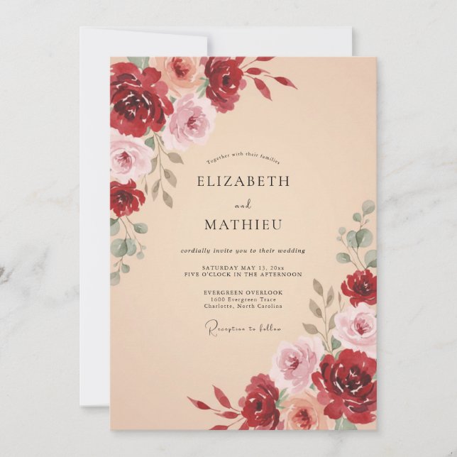 Burgundy Blissful Romantic Wedding Invitation (Front)
