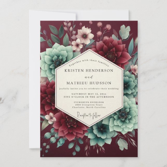 Burgundy Bloom Assemblage Wedding Invitation (Front)
