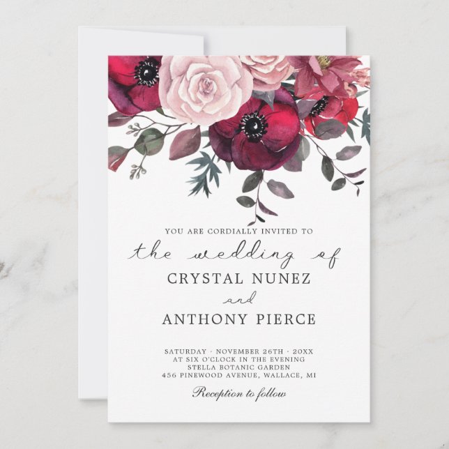 Burgundy Bloom Blush Blue Floral Wedding Invitation (Front)