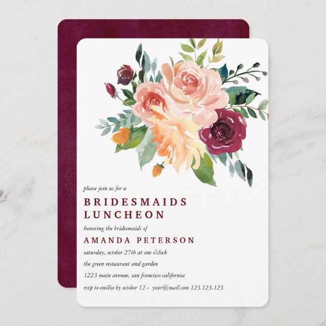 Burgundy Bloom  Bridesmaids Luncheon Wedding Invitation (Front/Back)