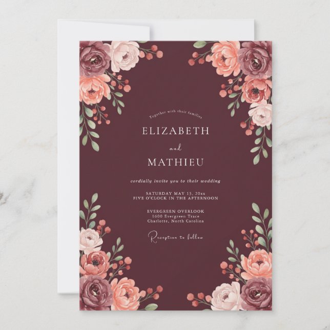 Burgundy Bloom Brushstroke Wedding Invitation (Front)