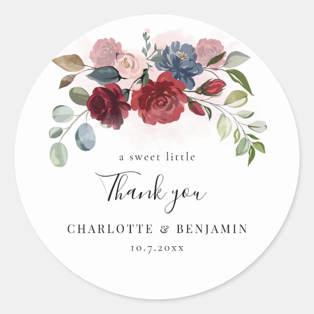 Burgundy Bloom Floral Wedding Thank You Classic Round Sticker (Front)