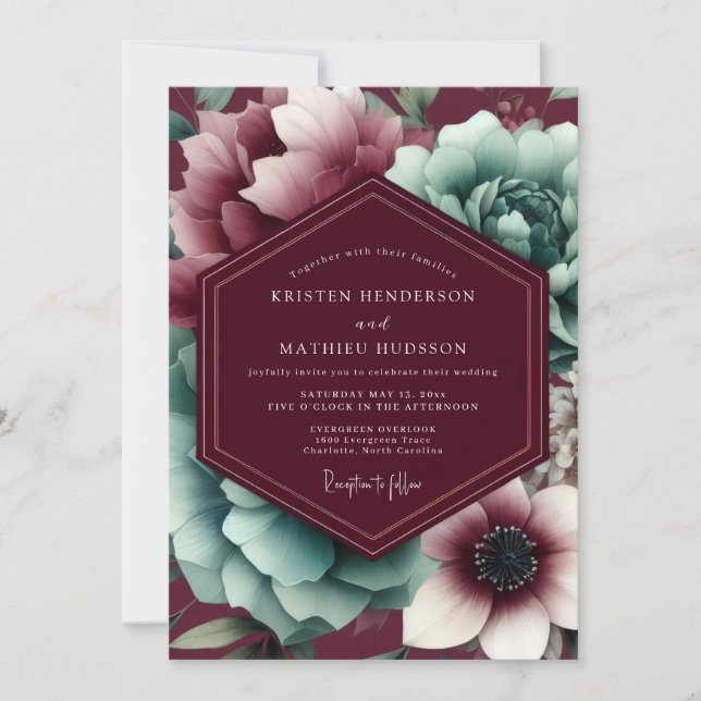 Burgundy Bloom Moody Wedding Invitation (Front)