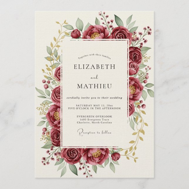 Burgundy Bloom Romance Wedding Invitation (Front)