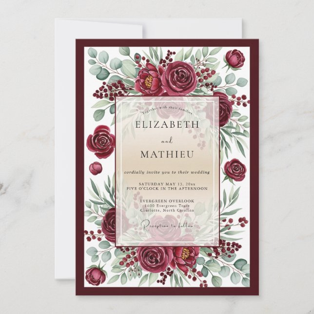 Burgundy Bloom Romantic Botanical Wedding Invitation (Front)