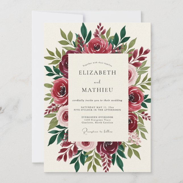 Burgundy Bloom Romantic Floral Wedding Invitation (Front)