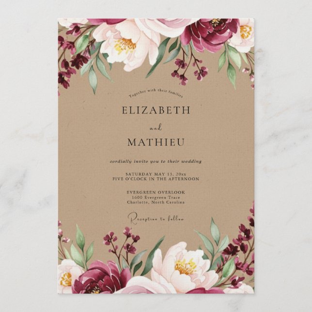 Burgundy Bloom Romantic Wedding Invitation (Front)