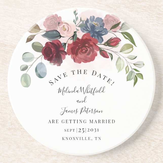 Burgundy Bloom Rustic Floral Save The Date Coaster (Front)