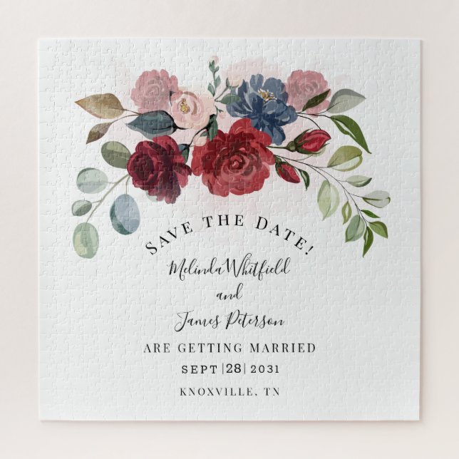 Burgundy Bloom Rustic Floral Save The Date Jigsaw Puzzle (Vertical)