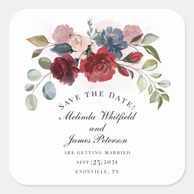 Burgundy Bloom Rustic Floral Save The Date Square Sticker (Front)