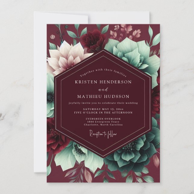 Burgundy Bloom Whimsical Wedding Invitation (Front)