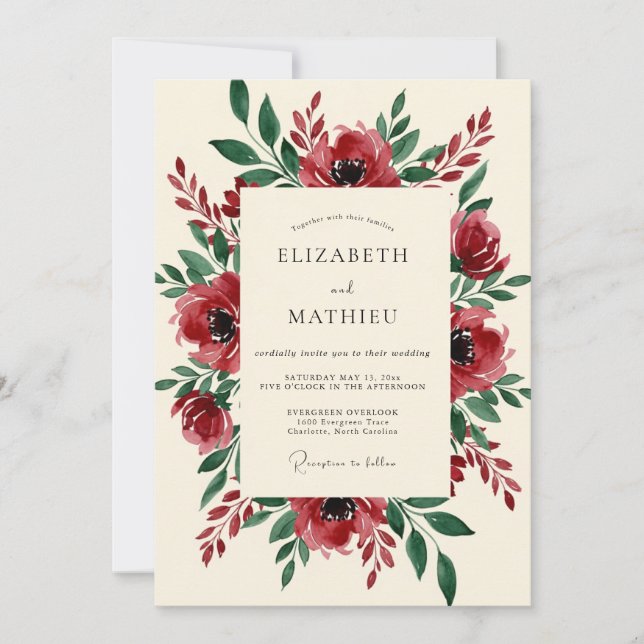 Burgundy Blooming Botanical Wedding Invitation (Front)