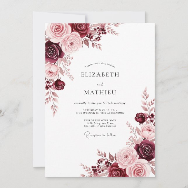 Burgundy Blooming Romance Wedding Invitation (Front)