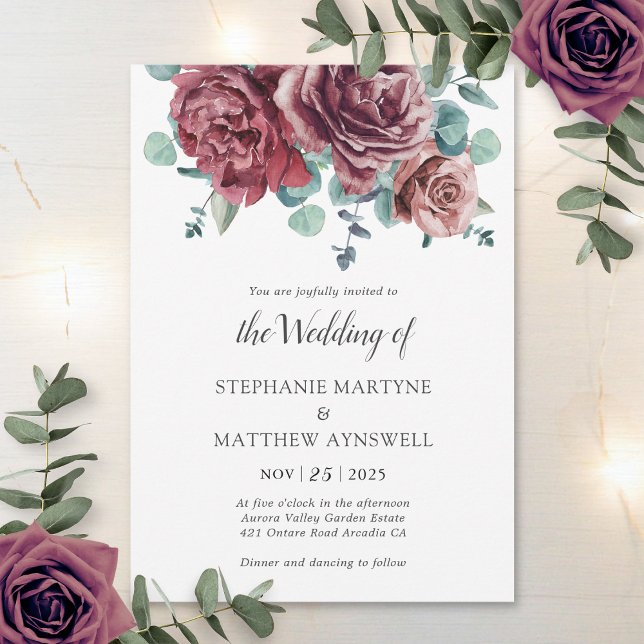Burgundy Blooms Eucalyptus Botanical Wedding Invitation (Creator Uploaded)