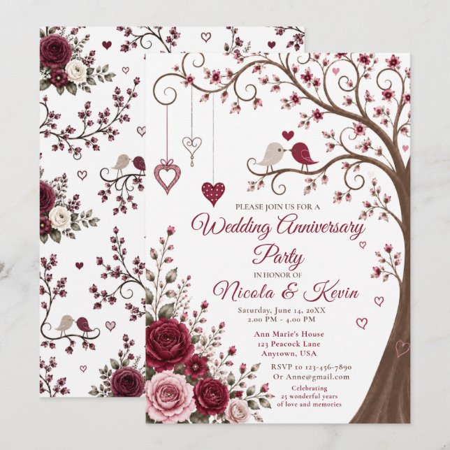 Burgundy Blossom Anniversary Party Invitation (Front/Back)
