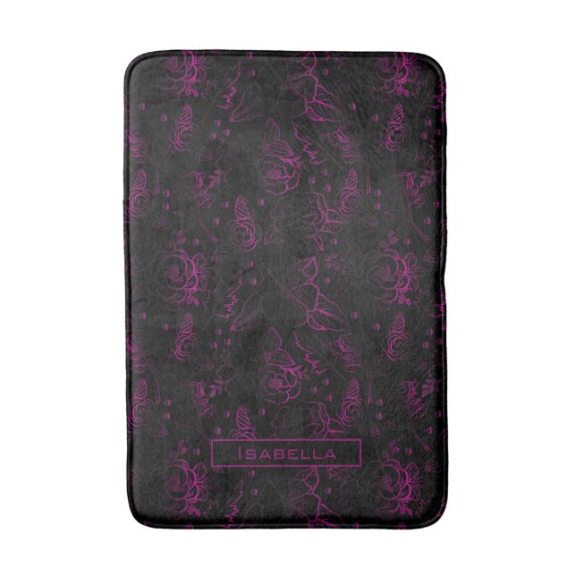 Burgundy blossom floral pattern personalised name  bath mat (Front Vertical)