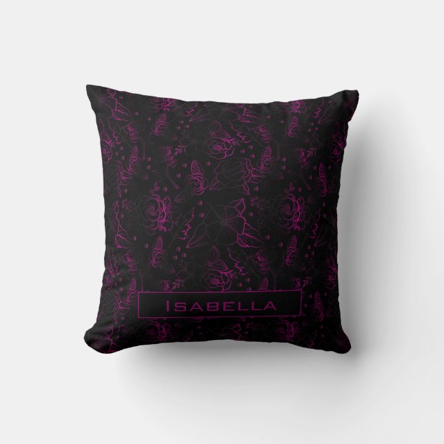 Burgundy blossom floral pattern personalised name  cushion (Front)
