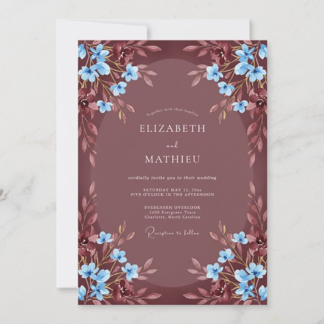 Burgundy Blue Blossom Romance Wedding Invitation (Front)