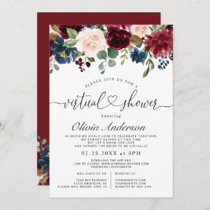 Burgundy Blue Blush Flowers Virtual Bridal Shower Invitation