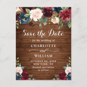 Burgundy Blue Blush Rustic Wedding Save the Date Announcement Postcard