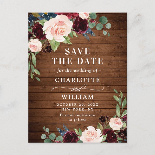 Burgundy Blue Blush Rustic Wedding Save the Date Announcement Postcard (Front)