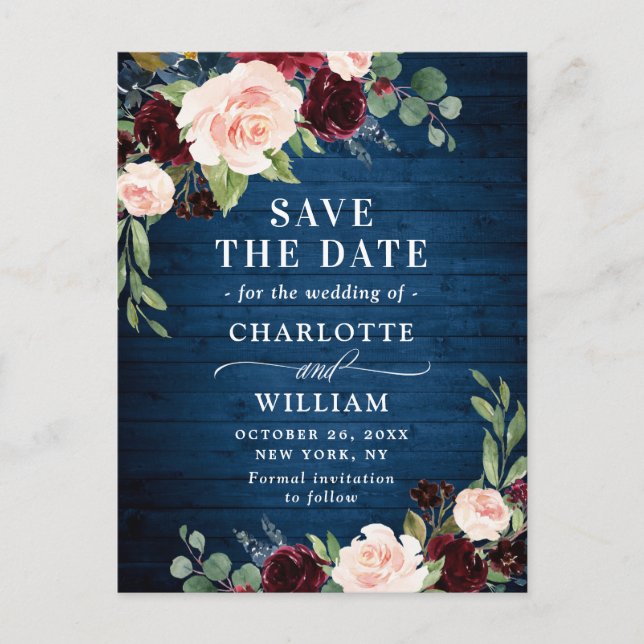 Burgundy Blue Blush Rustic Wedding  Save the Date Postcard (Front)